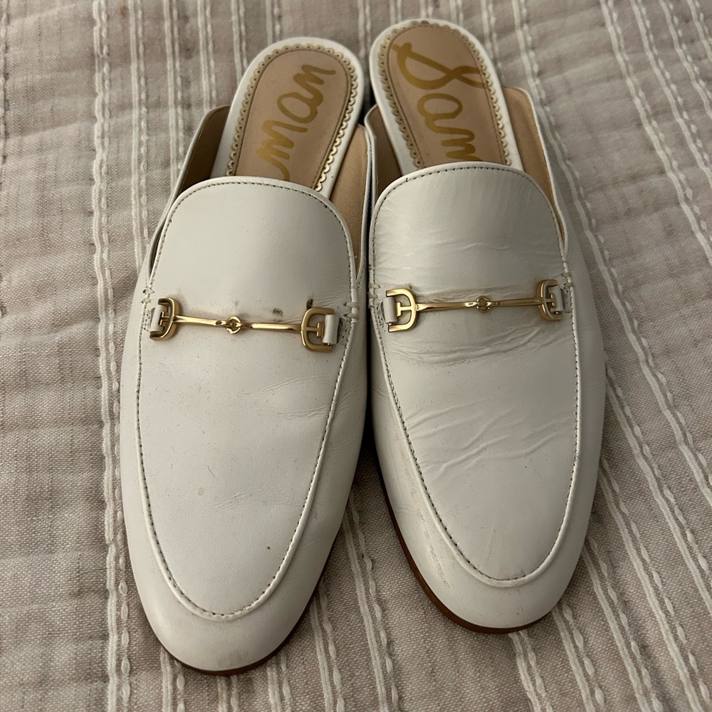 White Sam Edelman loafer slides